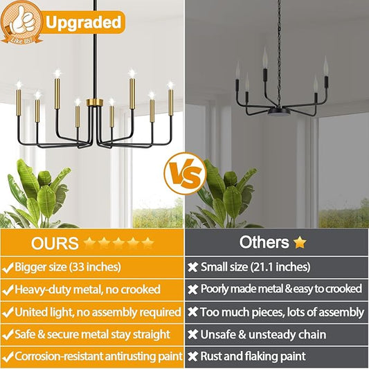Lynnoland Black and Gold 8-Light Farmhouse Chandelier for Dining Room Lighting Fixtures Hanging, Vintage Candle Pendant Light Fixtures Chandelier for Bedroom, Foyer and Living Room