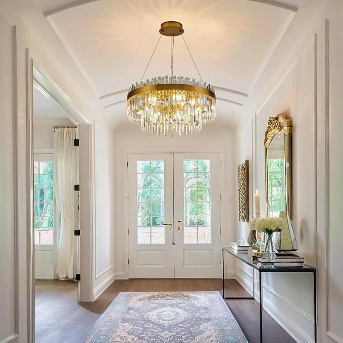 Modern Luxury Brushed Gold Round Crystal Chandelier, 9-Light 2-Tier Raindrop Adjustable Flush Mount Pendant Light for Dining Room, Living Room, Foyer, Entryway - 23.6" D, E12 Base