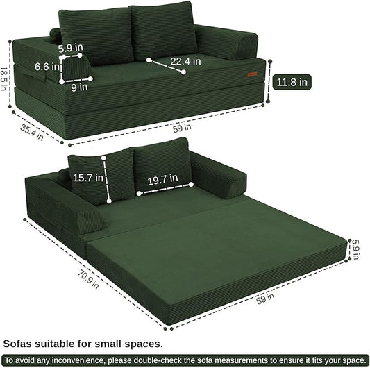 COMAX Futon Sofa Bed, Convertible Folding Sofa Bed, Boneless Couch Loveseat Corduroy with Pillows, Small Foldable Floor Couch Comfy Lounge Sleeper for Living Room Bedroom, Green