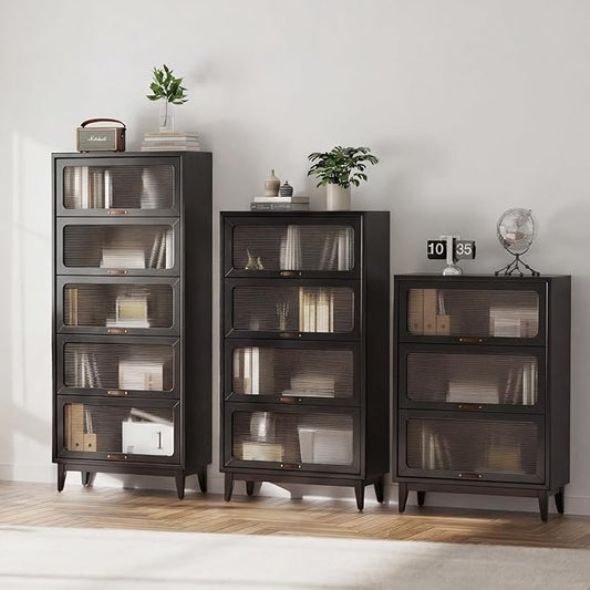 60'H Solid Wood Bookcase,4 Tier Tall Black Book case with Doors, Display Cabinet Storage Shelves for Collectibles, Living Room Bedroom Home Office Kitchen