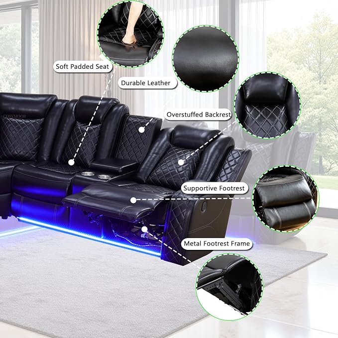Power Recliner Sectional Sofa with LED Light for Living Room, Black Leather Reclining Sofa Corner Sectional Couches Set, Cup Holder, Storage Console for Home Theater Seating