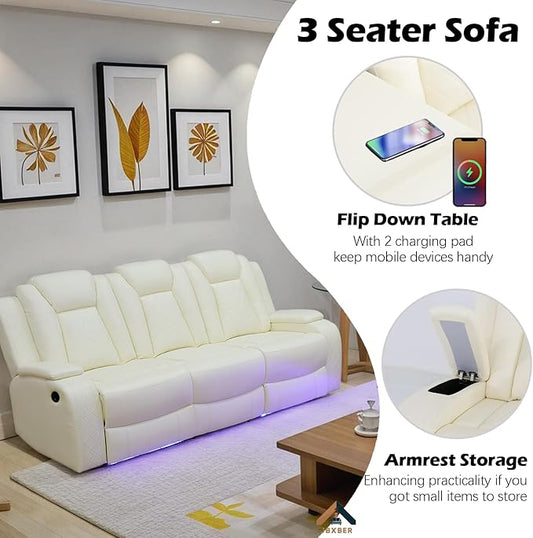 Power Recliner Sofa Set for Living Room, Leather Reclining Sofa Sets with Storage Console, Living Room Furniture Sets with LED Lights(Sofa,Creamy)