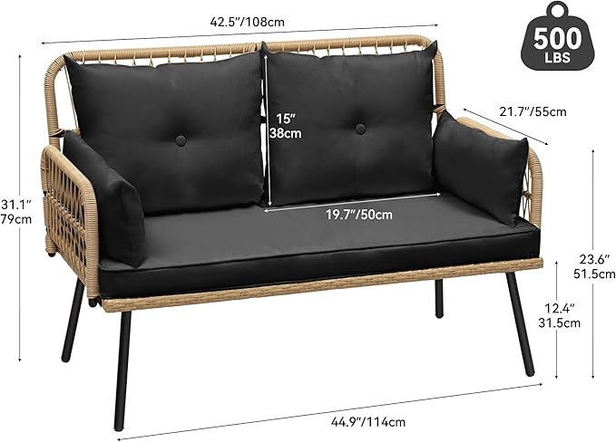 YITAHOME Patio Furniture Wicker Outdoor Loveseat, All-Weather Rattan Conversation for Backyard, Balcony and Deck with Soft Cushions (Light Brown+Black)