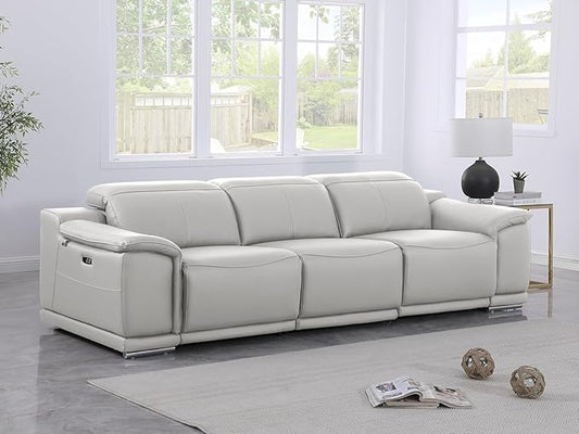 Blackjack Furniture Venice Top Grain Italian Leather Power Recline 3 Piece Sofa - 107" Theater Seating Modern Couch for Living Room Apartment Home with Adjustable Headrests & USB Port, Light Grey