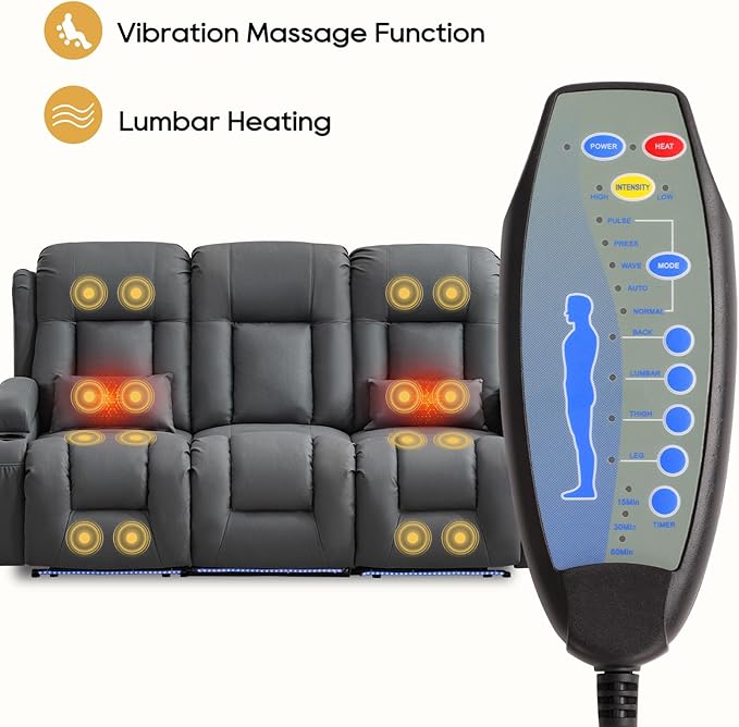 IPKIG Power Recliner Sofa with Flip-Up Backrest Console, USB & USB-C Ports, AC Outlet, LED Lights, Wall Hugger Recliners for Living Room, RV (Light Blue, 76.8" - 3 Seat) | Leathaire Fabric, Zero Gravity, Dual Reclining, 2 Lumabr Pillow