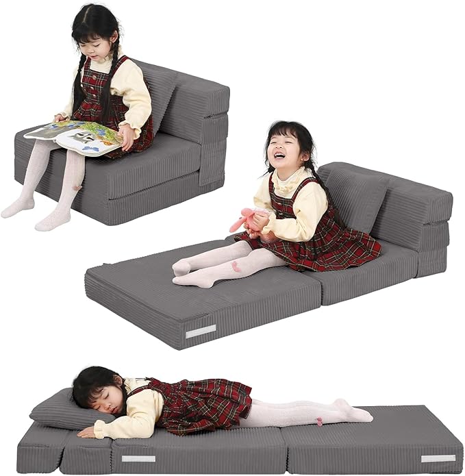 MeMoreCool Kids Folding Sofa Chair – Corduroy Floor Futon, Tri-Fold Mattress, Dark Grey, Portable, Washable Cozy Fold-Out Floor Couch | Foam Lounger for Sitting, Reading, Playroom, Travel