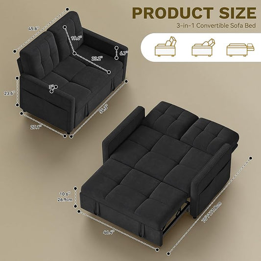 YITAHOME 3-in-1 Convertible Sofa Bed, Modern Loveseat Sleeper with Pull-Out Chaise, USB Charging Ports, Side Pockets, Compact Sofa for Living Room, Bedroom, Apartment, Black