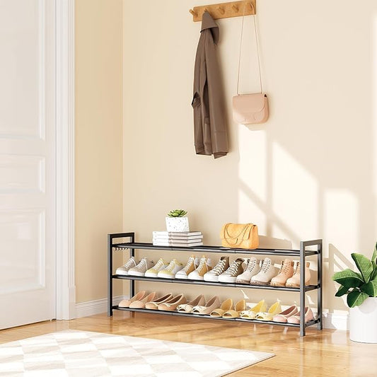 Expandable Shoe Rack - 18.5''- 47'' Adjustable Shoe Rack for Closet, 3 Tier Long Shoe Shelf Storage for 18 Pairs Shoe and Boot, Sturdy Metal Shoe Organizer for Entryway, Garage, Black