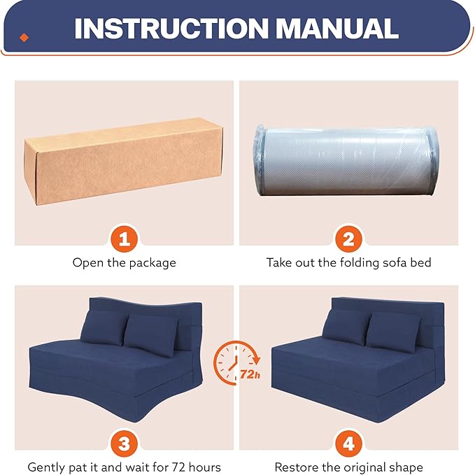 Fvkind Folding Sofa Bed, 4 in 1 Convertible Sleeper Sofa Bed Chair with Pillow, Twin Memory Foam Loveseat Futon Sleeper Chair, Foldable Futon Couch for Living Room, Bedroom, Guest Room, Blue