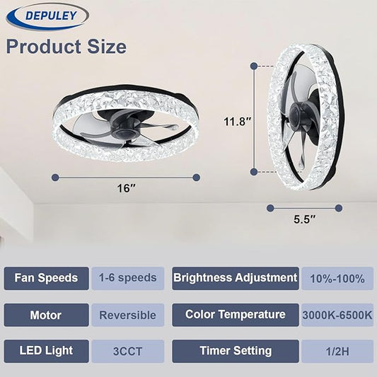 Depuley Ceiling Fans with Lights and Remote: 16" Modern Low Profile Flush Mount Ceiling Fan with App Remote Control - Black Fandelier for Bedroom Living Room Kitchen Dimmable Quiet DC Motor