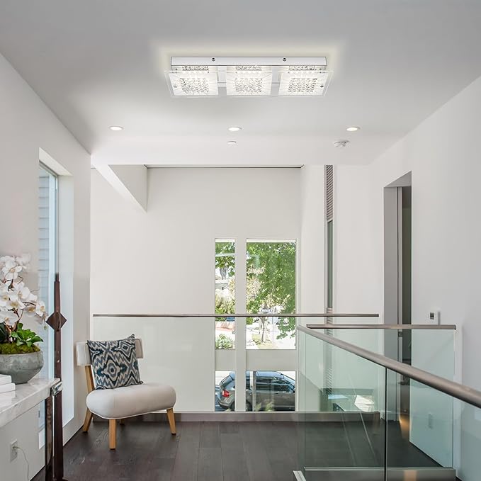 Crystal Ceiling Light Flush Mount 18 Inch Rectangular Crystal Ceiling Light Fxiture LED 4000K Dimmable Ceiling Mounted Light for Kitchen, Hallway, Bedroom, Foyer, 18W