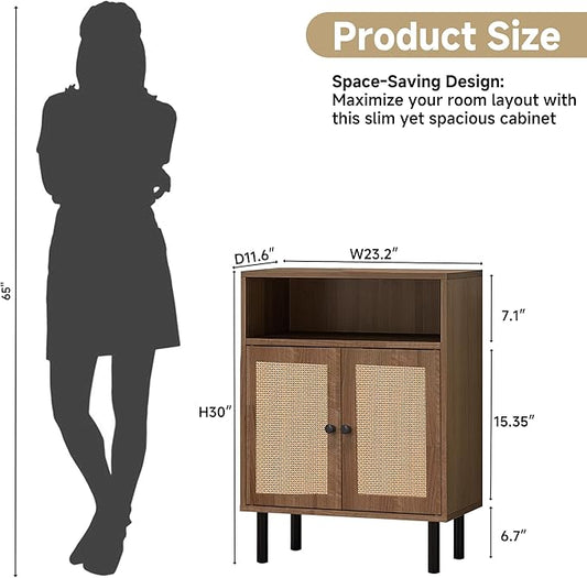 Rattan Storage Cabinet, Boho Accent Cabinet with Double Doors, Small Freestanding Sideboard for Hallway, Laundry Room,Kitchen, Dining Room, Entryway (Walnut)