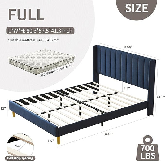 YUHUASHI upholstered Platform Bed Frame/Full Bed Frame/Modern Geometric Double-Wing Design headboard/Linen Fabric/Easy to Assemble no Noise (Navy Blue, Full)
