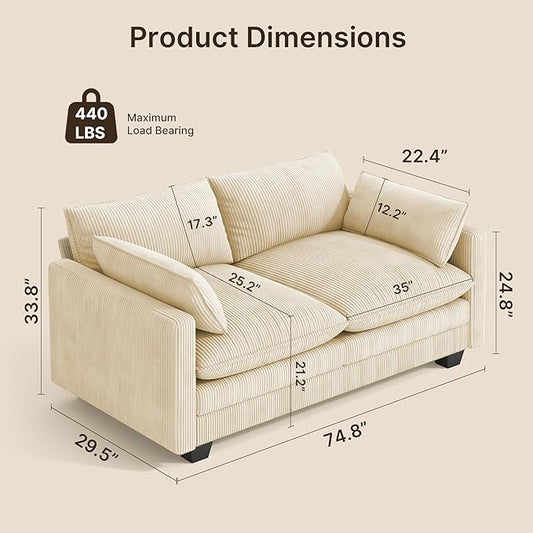 Gizoon 75” Small Cloud Loveseat Couches for Living Room, 2 Seater Love Seat Sofa with Comfy Deep Seat, Small Washable Couches with Removable Corduroy Cover for Apartment, Beige