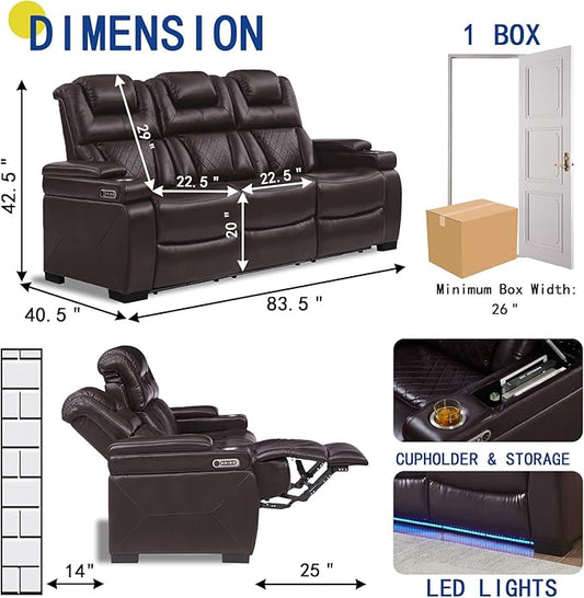 THSUPER Power Breathable Leather Reclining Sofa with 7-Color LED Light, Living Room Recliner Couch with Adjustable Headrest/Reading Light/USB Port/Storage Arm/Drop Down Table for Living Room, Brown