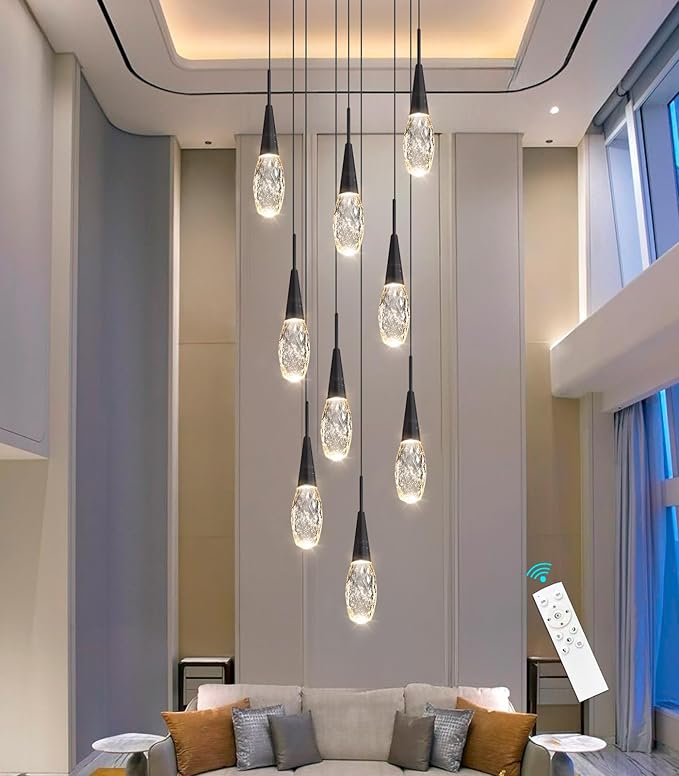 118 Inches Long Chandelier Adjustable Hanging Lights Modern Glam Crystal Ceiling Pendant Dimmable Lighting Fixture for Hallway Foyer Living Room Black