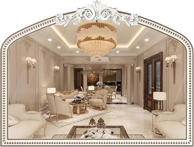 Large Baroque Arched Wall Mirror: 42x32 Inchces Wooden Mirror - Ornate Vintage Decorative Mirrors for Living Room, Entryway, Bedroom, Fireplacce