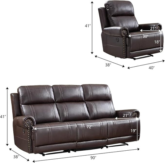 EBELLO Faux Leather Electric Reclining Sofa Set, Power Recliner Six Seats Sofa Set, 2 Chairs and 3-Seat Sofa with Charging Ports, Vintage Rivet Design for Living Room, Meeting Room, Brown