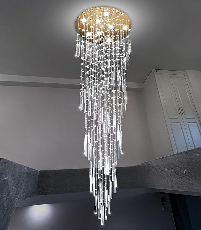 78'' Modern Crystal Chandelier High Ceiling Chandeliers for Entryway Large Raindrop Chandeliers LED Dimmable Flush Mount Light Fixtures for Staircaes Foyer Hallway Living Room LED Bulbs Included Gold