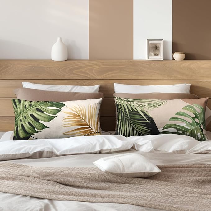 Summer Tropical Leaf Pillow Covers 12x20 Set of 2 Monstera Palm Leaf Lumbar Throw Pillow Cover Green Banana Leaves Botanical Plant Outdoor Rectangle Pillow Case for Living Room Couch Sofa