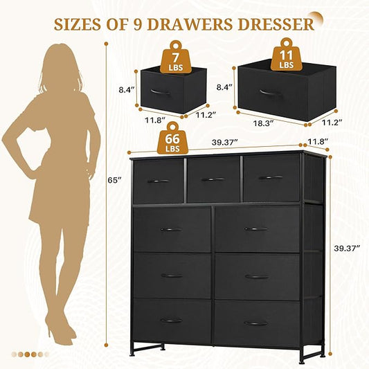 Dresser with 9 Drawers for Bedroom, Fabric Clothes Cabinet for Closet, Anti-Tip Storage Dresser with Metal Frame for Living Room, Entryway, Dorm, Black