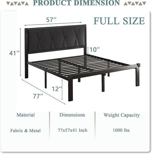 Feonase Full Size Metal Bed Frame with Fabric Button Tufted Headboard, Platform Bed Frame with Heavy Duty Metal Slats, 12" Storage Space, Noise Free, No Box Spring Needed, Dark Grey