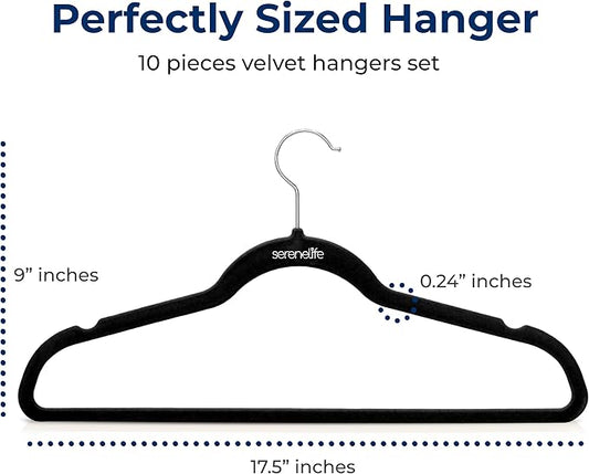SereneLife 10 Pack Velvet Hangers – Non-Slip Clothes Hangers with Heavy Duty Design, Slim Space-Saving Coat Hangers with 360° Swivel Hook, Strong Lightweight Closet Organizer Set for Clothes (Black)