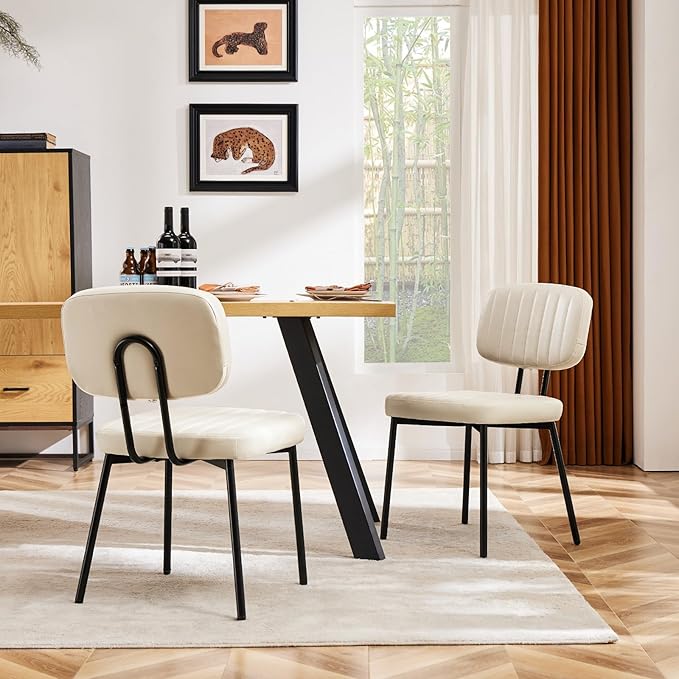 Sweetcrispy Dining Chairs Set of 4, Upholstered Mid Century Modern Kitchen Dining Room Accent Chairs with Faux Leather Cushion Seat & Metal Legs for Kitchen, Living Room - Beige White