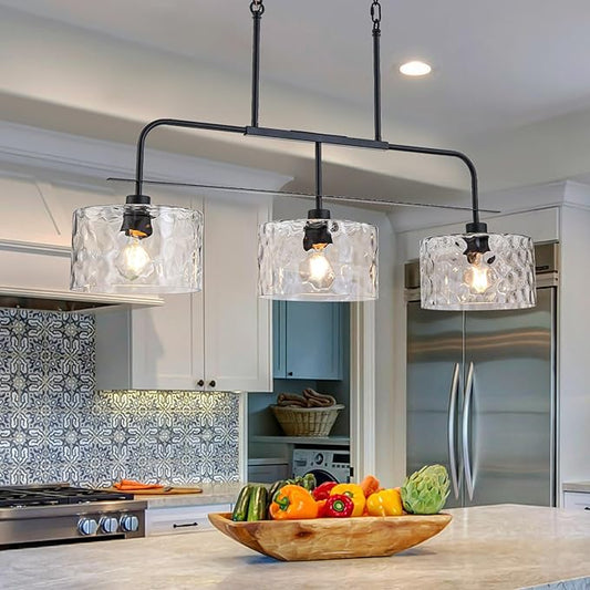 36" Linear Chandelier with Clear Rippled Glass Shades 3-Light Black Linear Pendant Light, Industrial Hanging Chandelier for Kitchen Island, Dining Room, Living Room, Pool Table