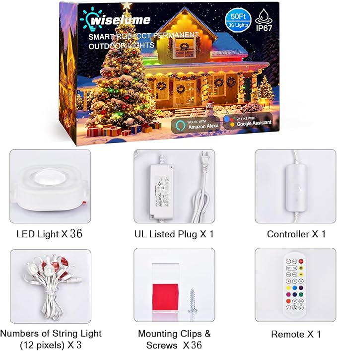 50FT Permanent Outdoor Light with 36 LED Lights, Smart RGB Color-Changing Eaves Lights, Waterproof Exterior Lights for House Trim, App Control, Perfect for Christmas,Holidays,Daily Lighting