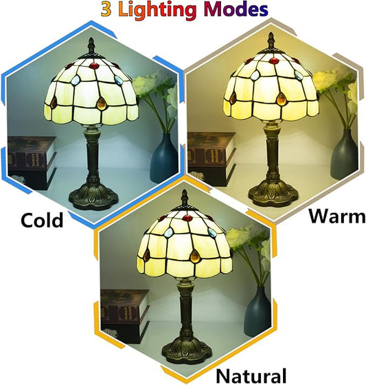 Crefotu Tiffany Style Table Lamp, 3 Color Temperatures Bedside Lamp, 8 Inch Stained Glass Desk Light for Home Office Bedroom Living Room (Phoenix Tail Pattern)
