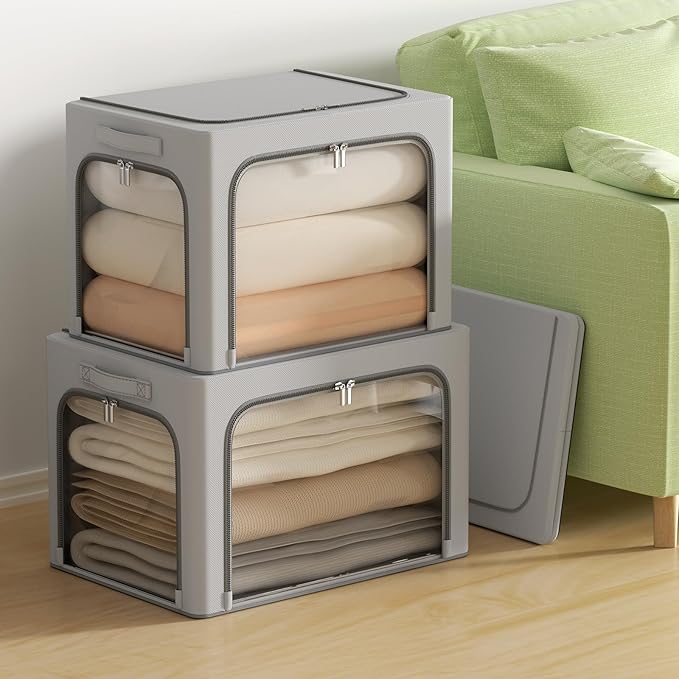 3Pack Clothes Storage Bins - Oxford Frame Storage Box Foldable Stackable Storage Organizer with 3 Openings Design, Metal Frame, Clear Window, Carry Handles (66L-19.7 * 15.7 * 13, Grey)