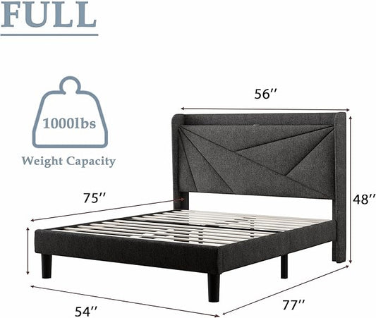 Feonase Full Bed Frame with Charging Station, Linen Upholstered Platform Bedframe with Wingback Headboard, Solid Wood Slats Support, No Box Spring Needed, Noise Free, Dark Grey