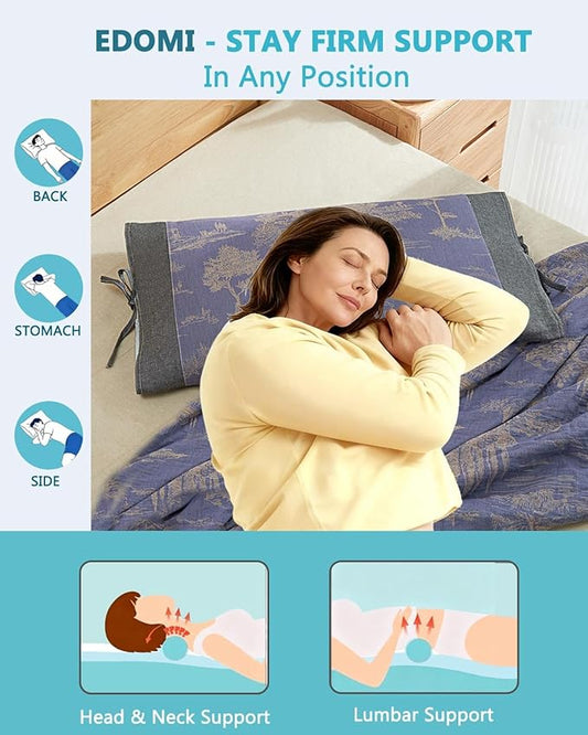 Adjustable Buckwheat Pillows for Sleeping,23.6"x13.7" Breathable Cool Neck Pillow for Bed with Buckwheat Hulls, Cervical Support Thin Pillow for Neck Pain with Dual-Layer Pillowcase,Blue