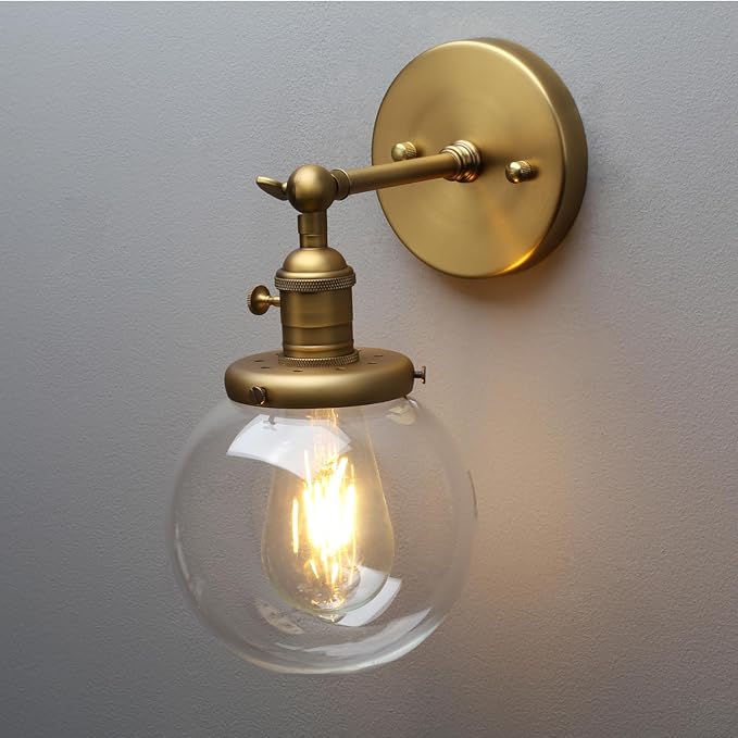 PERMO Vintage Wall Sconce Industrial Lighting Fixture with 5.9" Round Clear Glass Globe Hand Blown Shade (Antique)