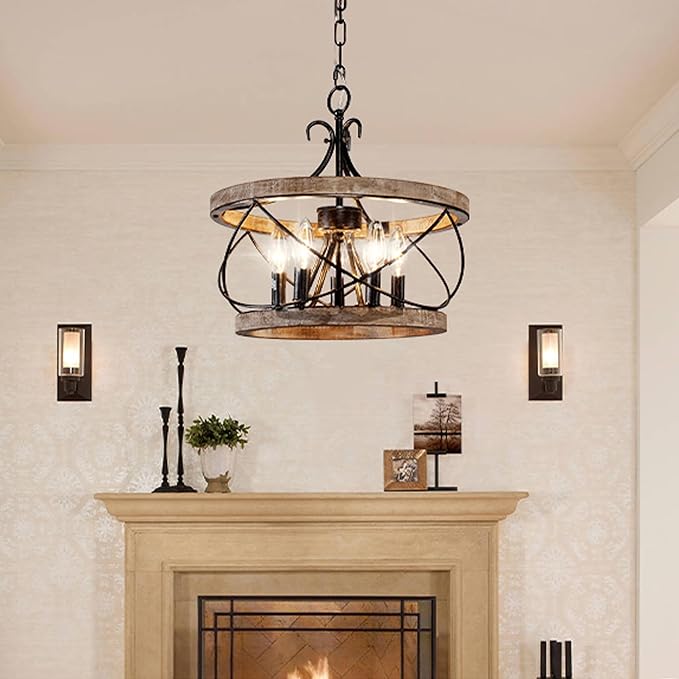 16“ Farmhouse Chandelier Light Fixture, 5-Light French Country Wood Chandelier Rustic Drum Light Fixture Over Table for Kitchen Island Dining Room Entryway