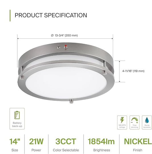 ASD LED 14" Round Flush Mount Lighting, Close to Ceiling Light Fixture | 3CCT, Dimmable, Battery Backup, ETL Listed | 21W 1854LM 3000-5000K 100-277V | Low Profile Double Ring Lamp | Nickel