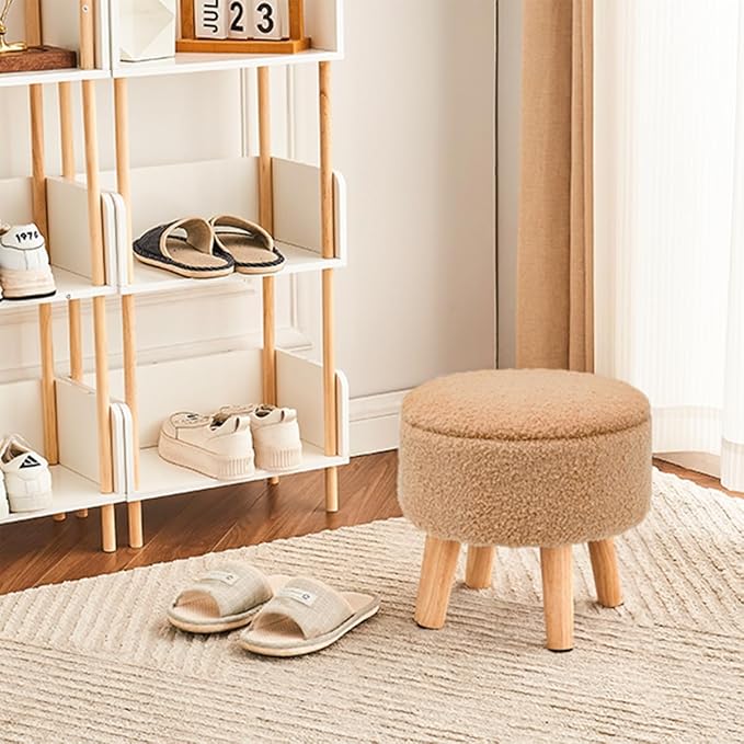 Poofzy Small Ottoman with Storage, Small Foot Stool Ottoman with Wood Legs, Sherpa Foot Rest for Couch, Living Room and Bedroom - Champagne