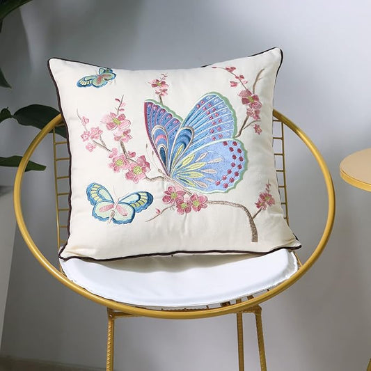 Set of 2 Embroidered Decorative Throw Pillow Covers Couch Square Pillowcases Cushion for Bedroom Sofa Farmhouse Decor 18x18 Inch (Blue Butterfly)