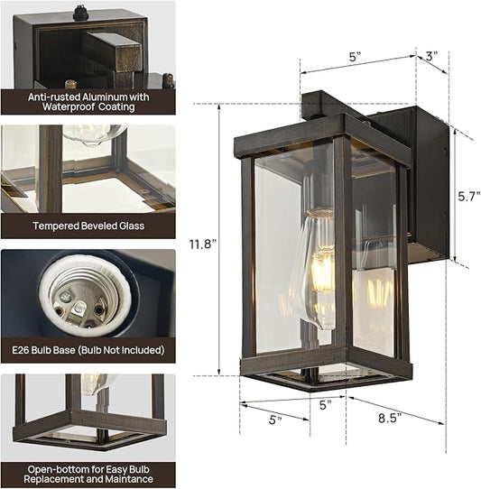 Dusk to Dawn Porch Lights with GFCI Outlets Waterproof Outdoor Wall Lights Exterior Lighting Fixtures Modern Outside Lights Wall Mount for House Patio Garage,Gold Brown,11.8''H,1PC