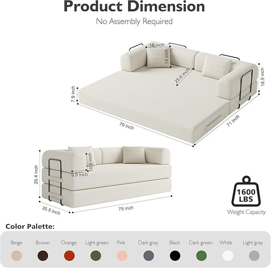 79in Convertible Sofa Bed, Corduroy Boneless Couch Bed, Futon Sleeper Sofa Pull Out Bed, Foldable Couch for Living Room Apartment, No Assembly Required