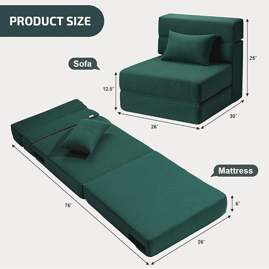 SUYOLS Folding Sofa Bed with Pillow- Convertible Chair Floor Couch & Sleeping Mattress, Foldable Memory Foam Sleeper for Living Room/Dorm/Guest Room/Home Office/Apartment/Loft, Single26, Dark Green