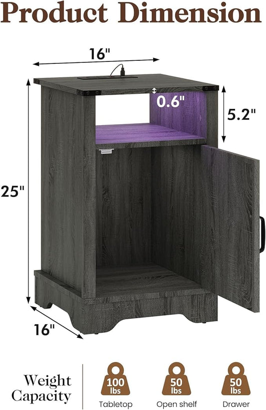 RoyalCraft Farmhouse Nightstand, Grey Night Stand with LED Lights and Charging Station, Bedside Table Set of 1 with Storage and Door, Wood End Table for Bedroom, Home Office, Dark Grey