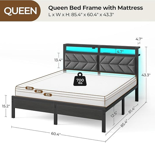 Seventable Bed Frame Queen Size with Charging Station, LED Bed with Upholstered Storage Headboard - 8 Inch Gel Memory Foam Mattress, Fiberglass Free, Breathable & Pressure Relief