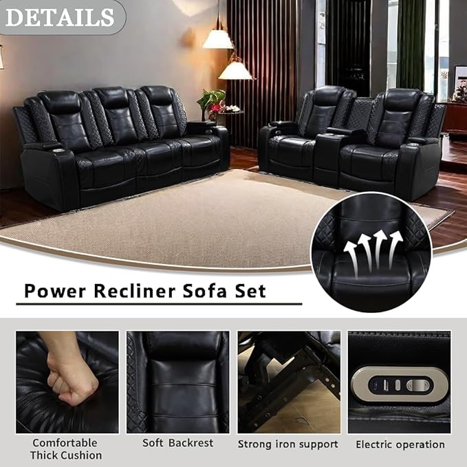 A Ainehome Power Leather Recliner Sofa Set with LED Lights, Recliner Sofa Sectional Couches for Living Room, Reclining Sofa and loveseat, USB Port/Storage Console/Cup Holder(Black,Sofa+loveseat)