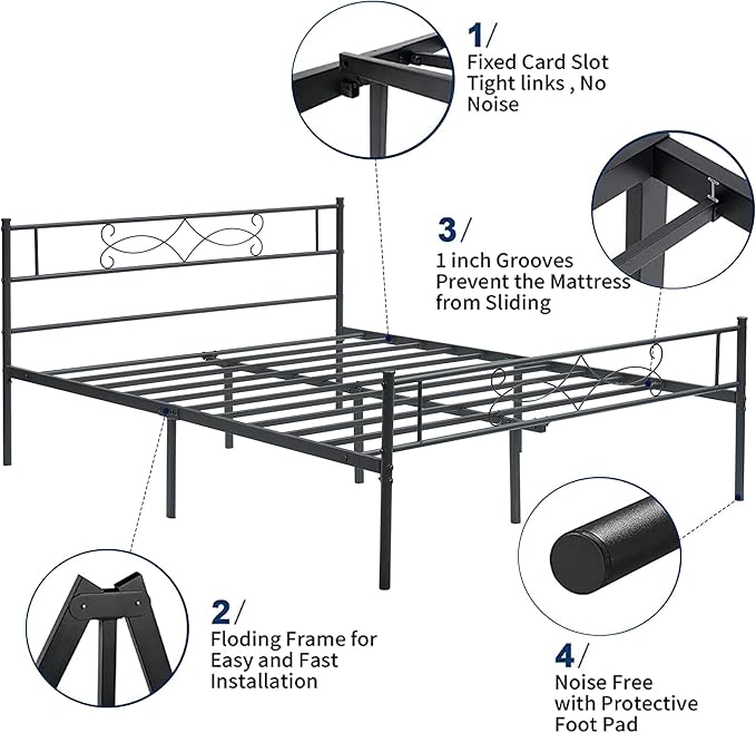 VECELO Queen Size Metal Platform Bed Frame with Headboard and 4 Storage Drawers/Steel Slat Support/No Box Spring Needed/Easy Assembly