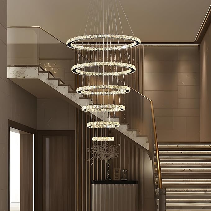 Modern Crystal Chandelier for High Ceiling Lights Fixtures Luxury 6 Ring Led Chandelier for Dining Room Big High Ceilings Foyer Chandeliers for Living Room Entryway Staircase, D8"-12"-16"-20"-24"-28"