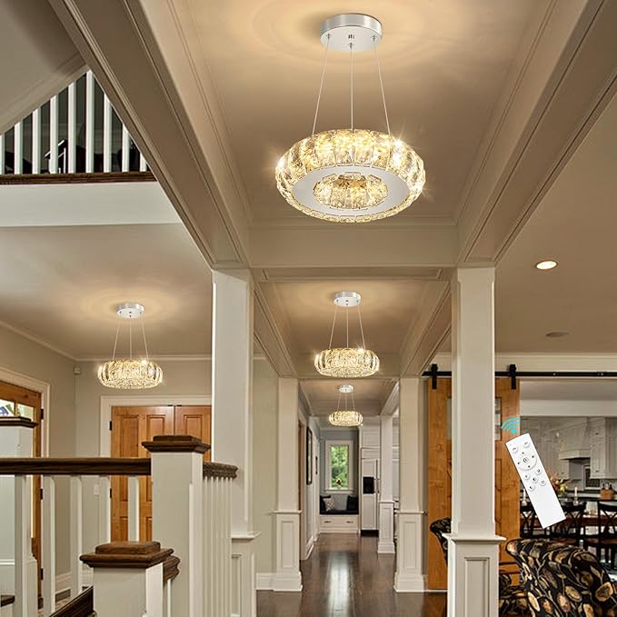 LED Ring Chandelier Modern Pendant Lights for Kitchen Island Dining Room Remote Dimmable Hanging Light Entryway Bedroom Crystal Lighting Silver Chandeliers