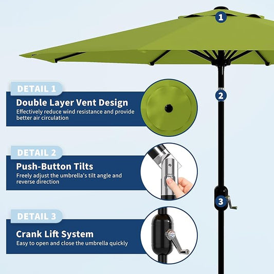 Garvee 10 ft Outdoor Patio Umbrella 8 Sturdy Ribs Outdoor Table Umbrella with Crank Lift & Push Button Tilt - UV Protection Waterproof Market Umbrellas for Pool, Deck, Yard, Garden, Grass Green