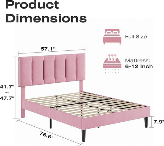 VECELO Full Bed Frame with Upholstered Headboard, Heavy-Duty Platform Bedframe with Strong Wooden Slats Support, No Boxing Spring Needed, Pink
